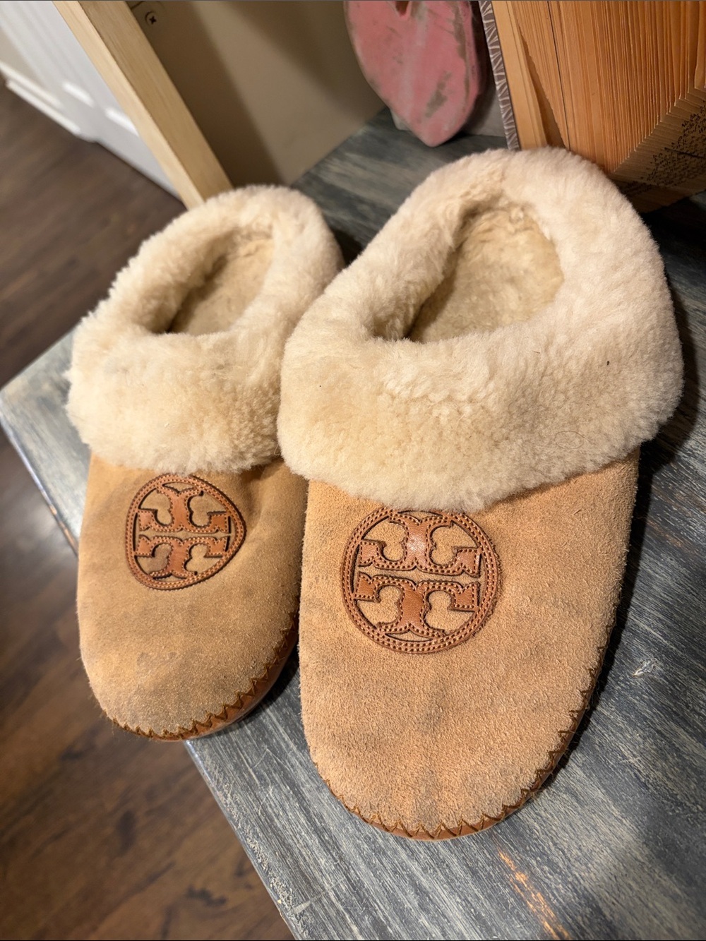Tory Burch Tan Suede Shearling Slipper Mules with Logo